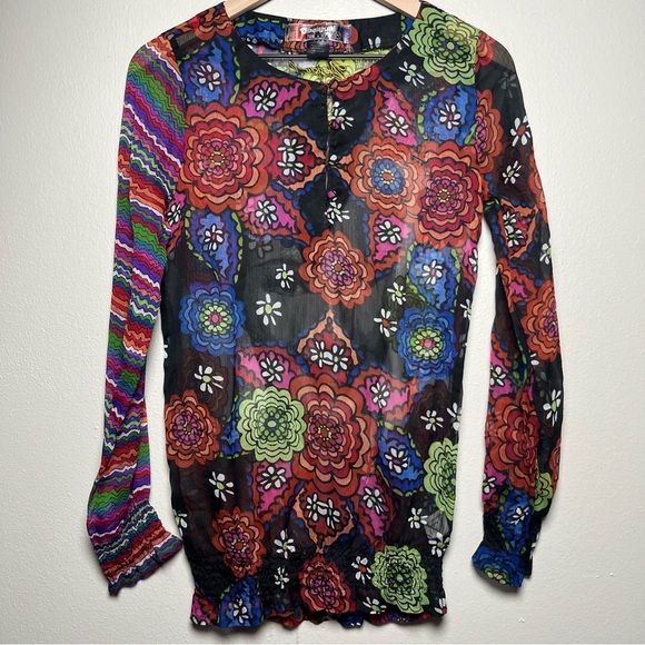 Desigual Women Sheer Rave Top Medium Floral Art Ruched Hem Long‎ Sleeve Eclectic - Picture 1 of 11